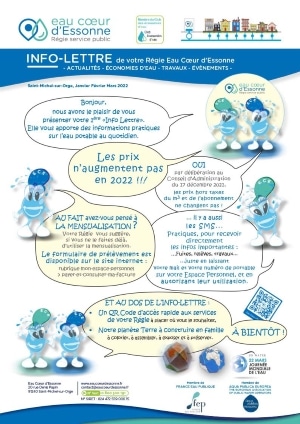 Image cliquable de « l’INFO-lettre » du 1er trimestre 2022 permettant l’affichage au format PDF consultable et téléchargeable du document qui annonce la création de l’INFO-lettre elle-même, le maintien du tarif de l’eau de 2021 et d'autres informations utiles.